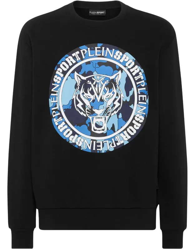 Sweatshirt Ls Tiger Cotton Blend Fleece With Gauzed Lining, Iconic Logo Printed On The Front On A Camouflage Background
