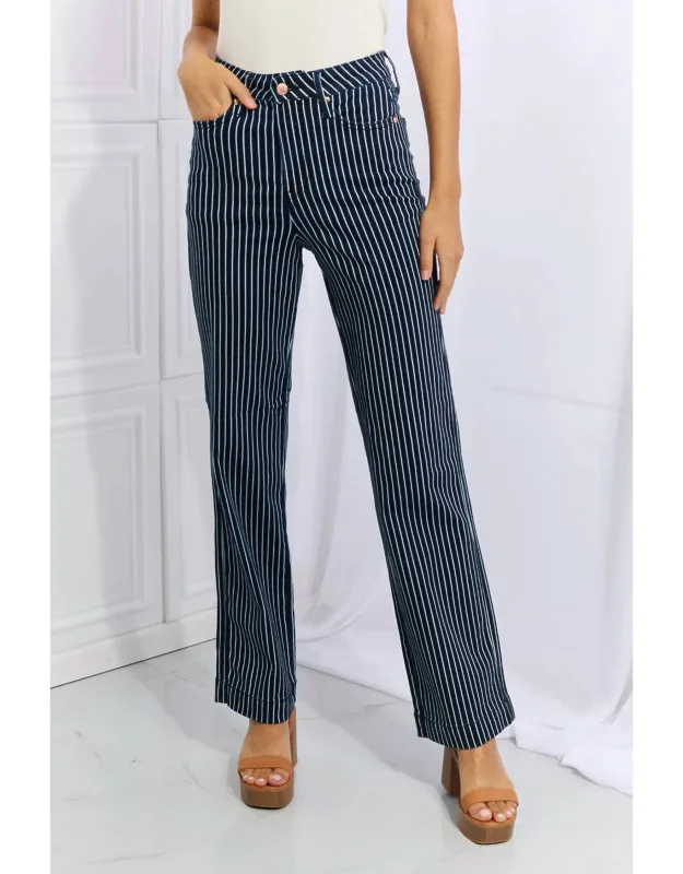 High Waist Tummy Control Striped Straight Trouser Jeans