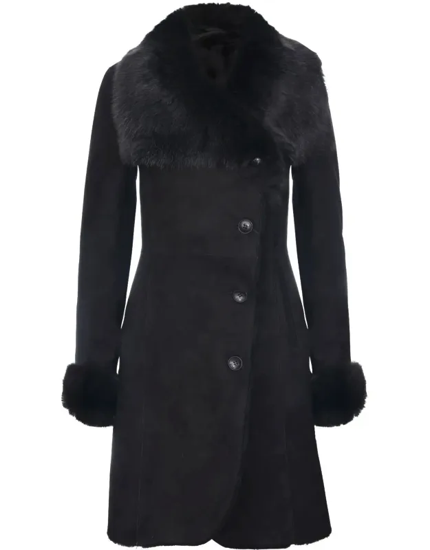 Suede Merino Shearling Coat With Toscana Collar-hanoi, Luxurious Shawl Style Collar, Thick Sheepskin Lining For Warmth