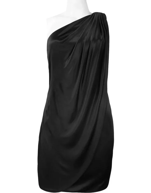 Asymmetric Shoulder Waist Detail Jersey Satin Draped Dress
