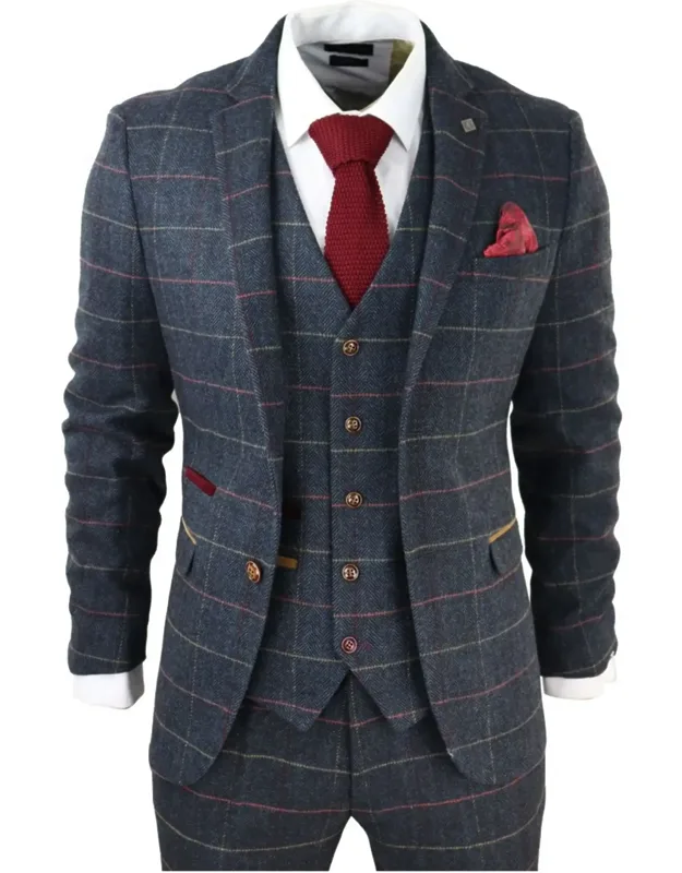 Thomas Navy 3 Piece Tweed Check Suit - Classic And Elegant Design, Premium Material