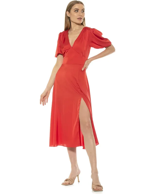 Nola Dress V Neck Puff Sleeve Leg Slit Midi
