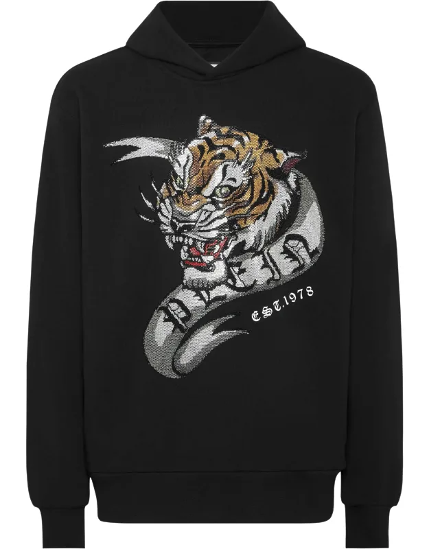 Hoodie Sweatshirt Crystal Tattoo With Soft Cotton Blend Fleece And Iconic Multicolor Rhinestoned Tiger