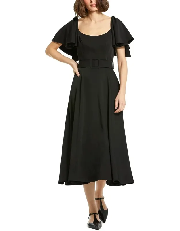 Crepe Ruffle Sleeve Midi Dress With Belt