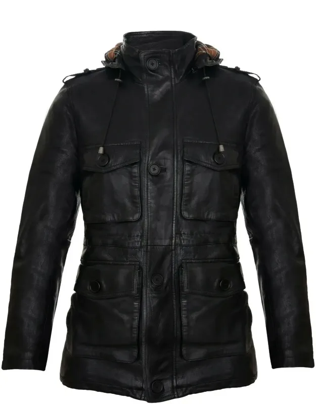 Hooded Trench Multi-pocket Overcoat Leather Jacket