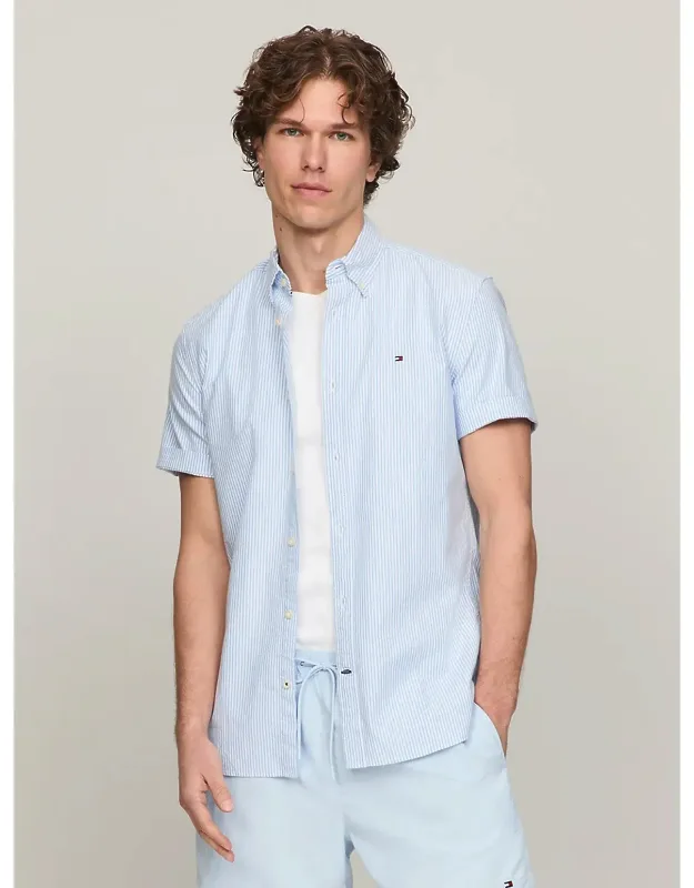 Tommy Hilfiger Regular Fit Stripe Short-sleeve Oxford Shirt, 98% Organic Cotton, 2% Elastane