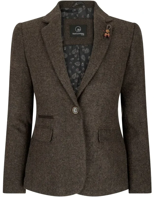 Wsn - Blazer Tweed Herringbone 1920's Wool Acrylic Blend Tailored Fit With Contrasting Detailing & Elbow Patch