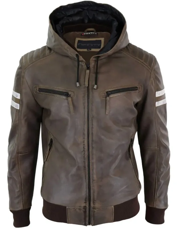 Hood Leather Bomber Jacket With Bomber Style Hooded Jacket With Striped Sleeves And Quilted Design Shoulder