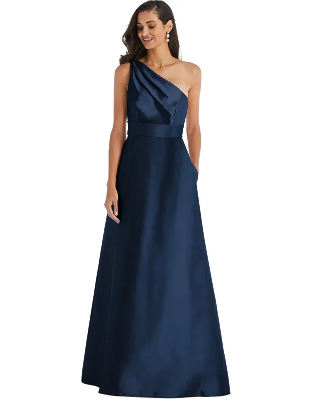 Draped One-shoulder Satin Maxi Dress With Pockets