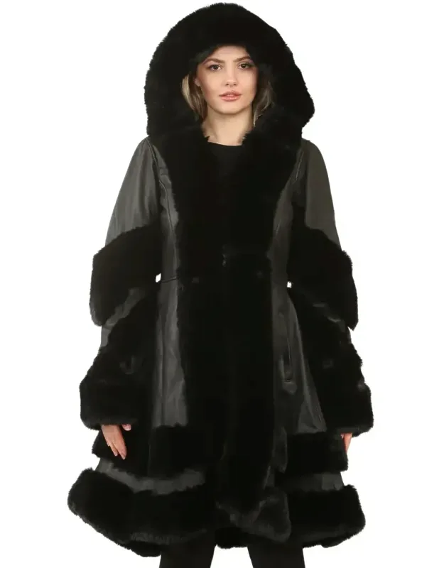 Flared Hooded Leather Cape Coat