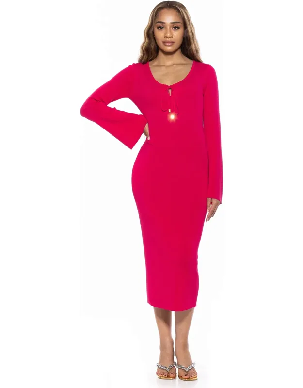 Akari Dress Scoop Neck Flare Sleeve Front Keyhole Bodycon Midi Knit