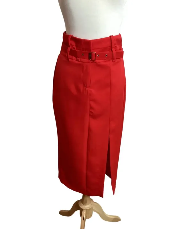 High Rise Side Slit Belted Skirt