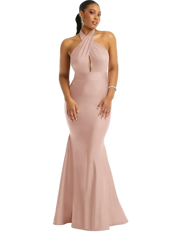 Criss Cross Halter Open-back Stretch Satin Mermaid Dress