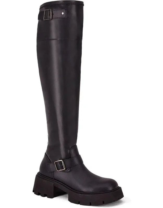 _knee High Combat Boots With Stretch Shaft And Platform Sole_