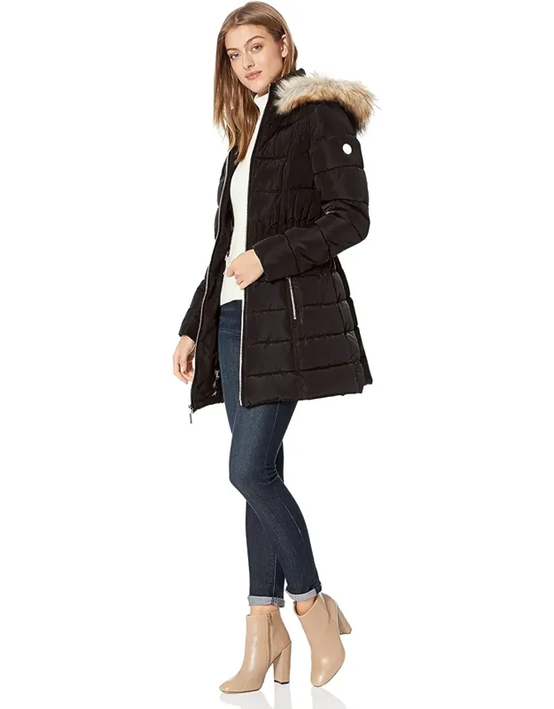 Cinch Waist Down Puffer Hooded Coat With Imported Zipper Closure