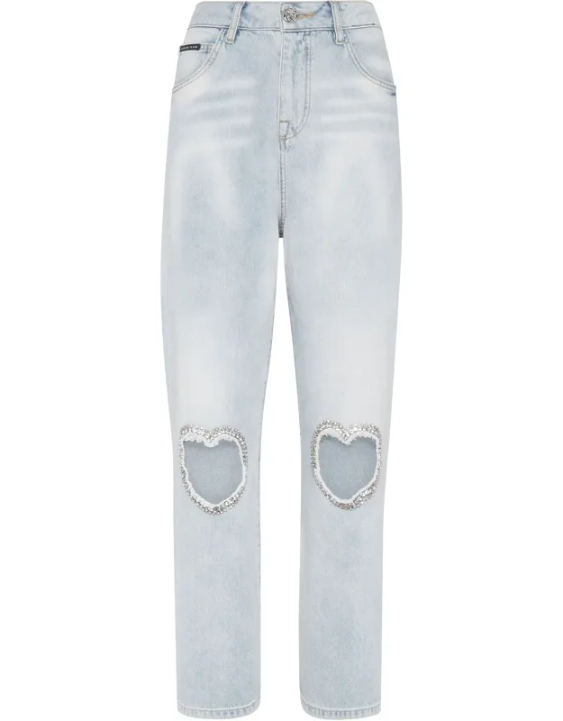 Loose Fit Denim Trousers With Heart Patch