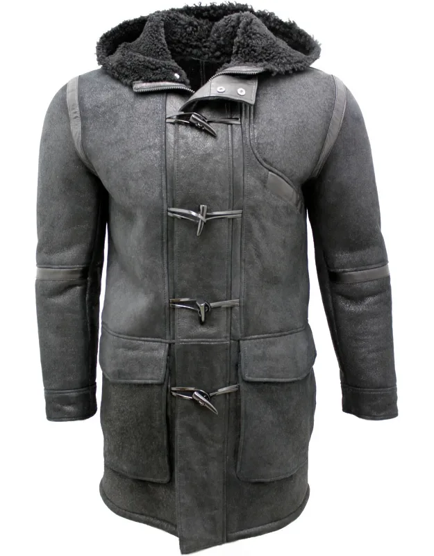 Winter Sheepskin Leather Hooded Duffle Coat With Thick Woollen Lining And Toggled Closure