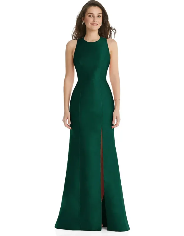 Jewel Neck Bowed Open-back Trumpet Dress With Front Slit