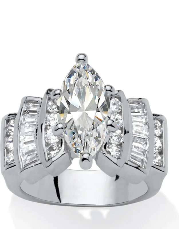3.63 Tcw Marquise-cut Cubic Zirconia Silvertone Step Top Engagement Rings