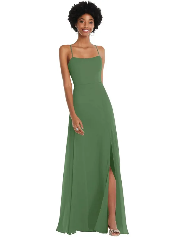 Scoop Neck Convertible Tie-strap Maxi Dress With Front Slit, Ethereal Lux Chiffon, Modified Circle Skirt