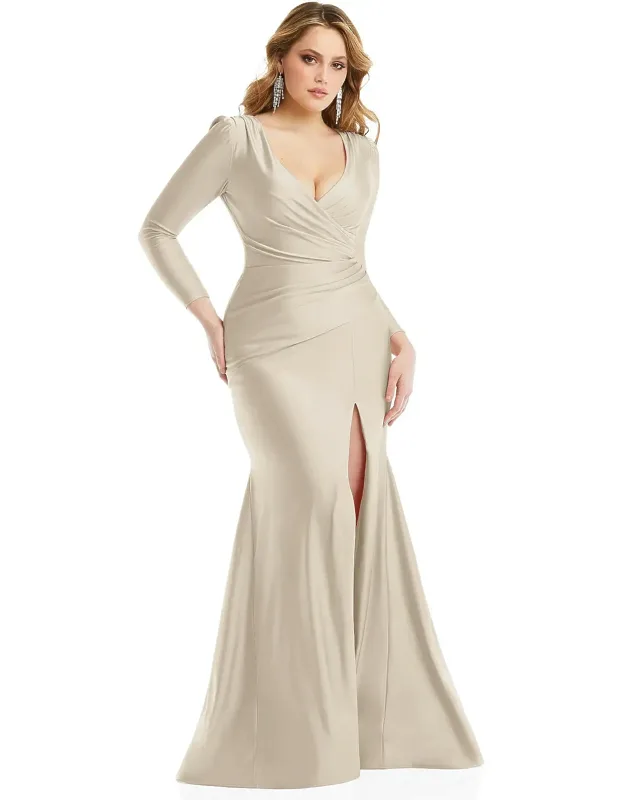 Draped Wrap Stretch Satin Mermaid Dress With Slight Train