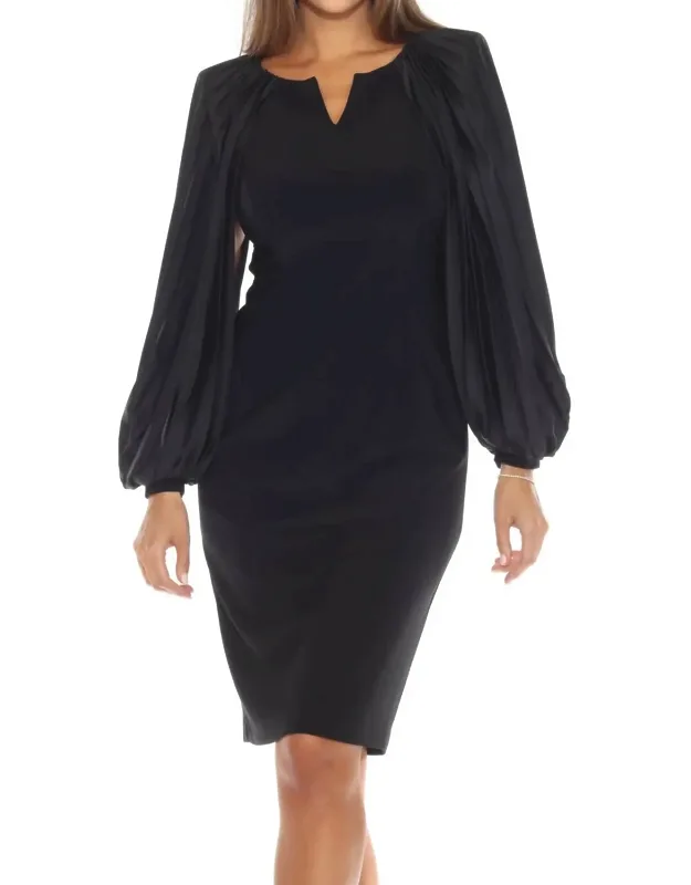 Pleated Balloon Sleeve Sheath Dress