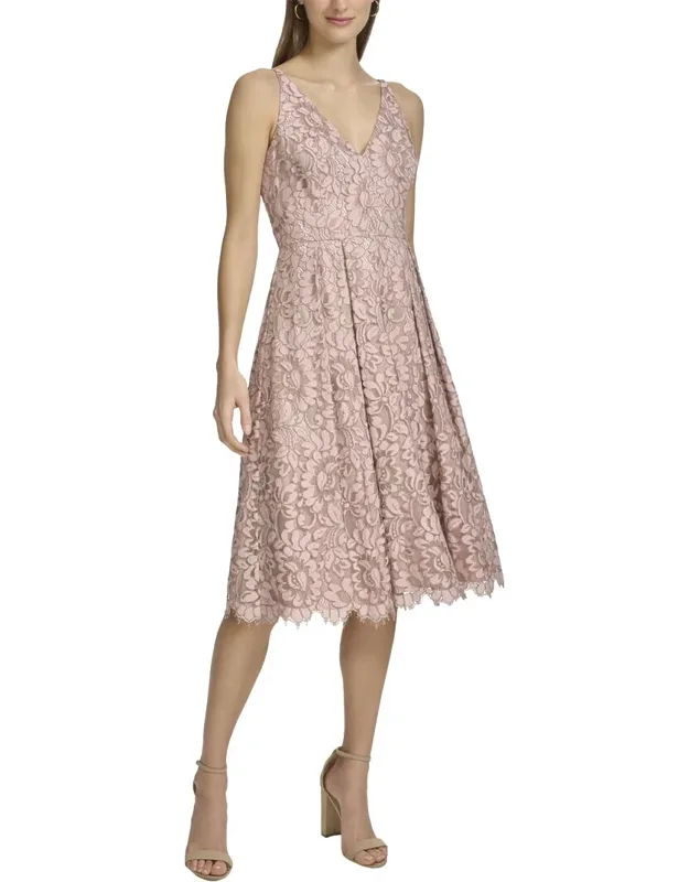 Lace Midi Dress With Adjustable Straps And Pleated Skirt