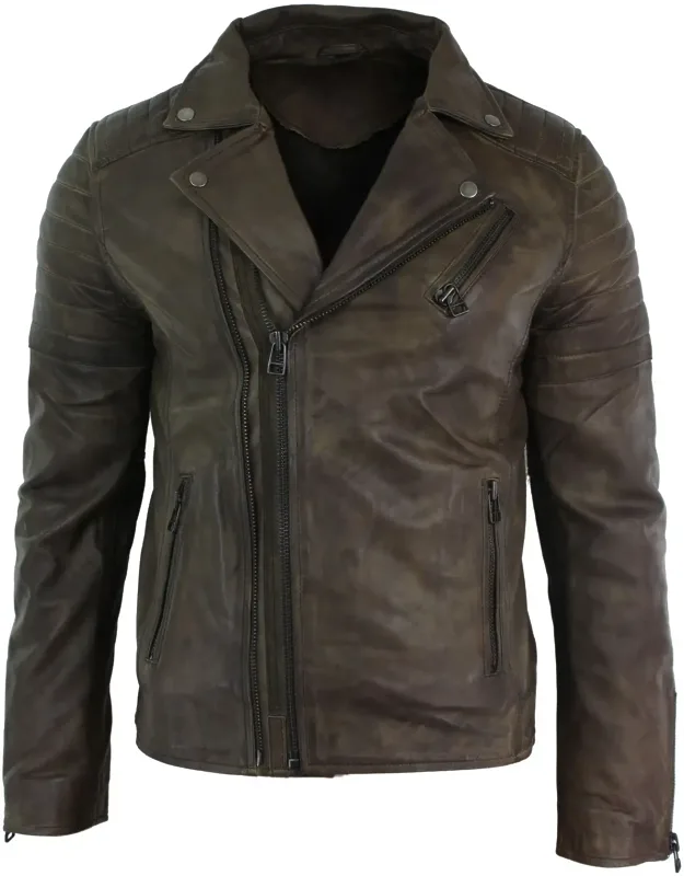 Slim Cross Zip Real Leather Jacket