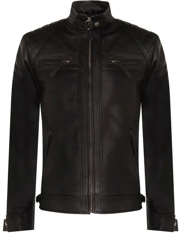 Vintage Zipped Leather Racing Jacket With Quilted Shoulders And Adjustable Waist
