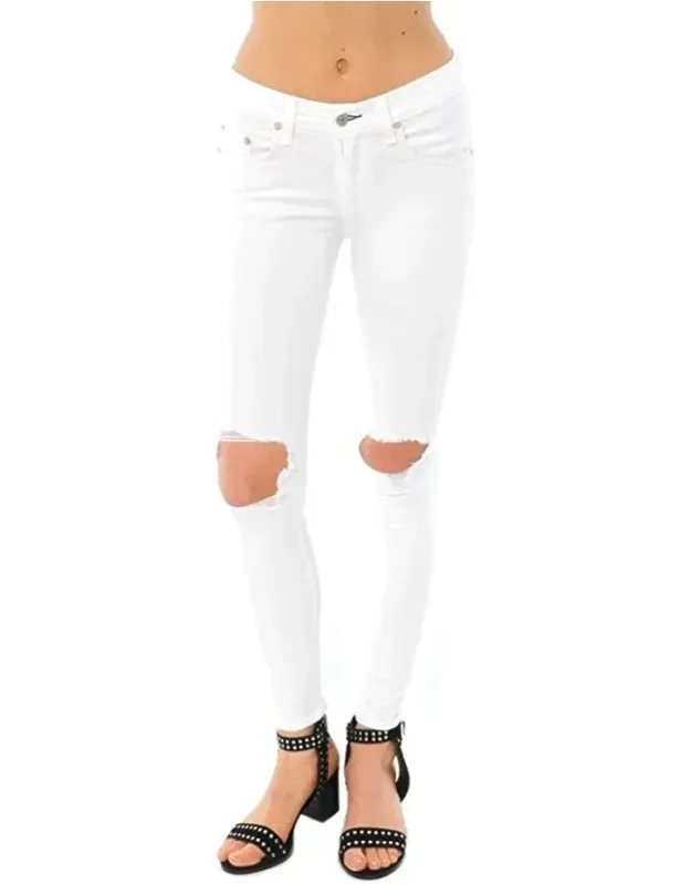 Bright White Capri Jeans With Holes 11" At The Knee Narrows To 9" At The Leg Opening, Wash Cold