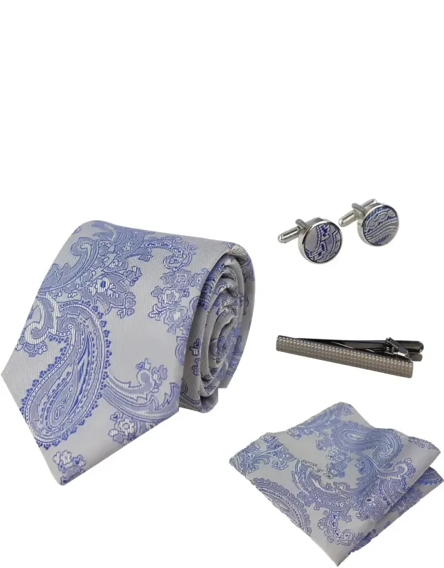 Paisley Neck Tie Pocket Square Cuff Links - Satin Finished Set Available In 3 Stunning Colours, Comes Complete In Gift Box