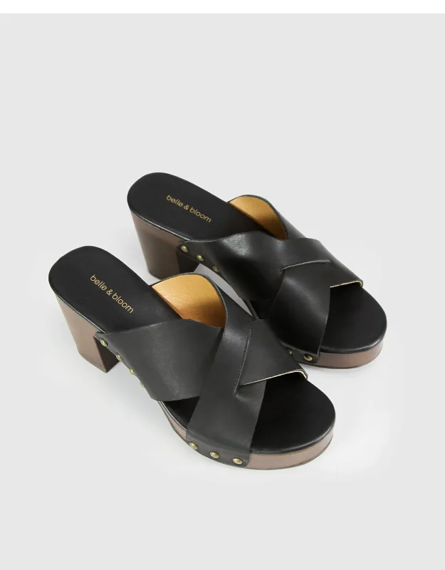 Midtown Clog Mule With Chunky Wood Finish Platform And Leather Crossover Straps
