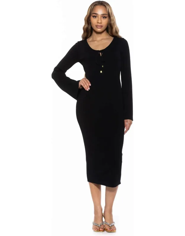Akari Dress Scoop Neck Flare Sleeve Front Keyhole Bodycon Midi Knit