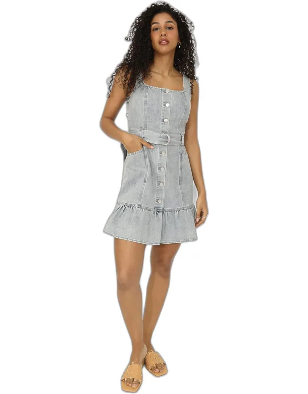 Reunite Denim Mini Dress With Button Up Front And Pockets