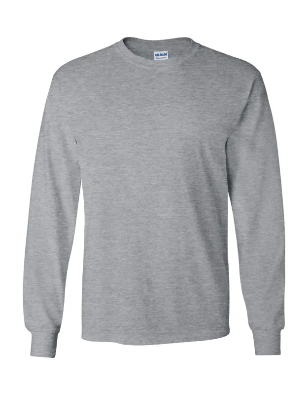 Gildan Plain Crew Neck Ultra Cotton Long Sleeve T-shirt With Seamless Collar And Double Needle Topstitched Neckline
