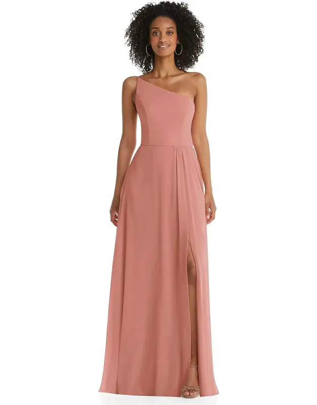 One-shoulder Chiffon Maxi Dress With Shirred Front Slit