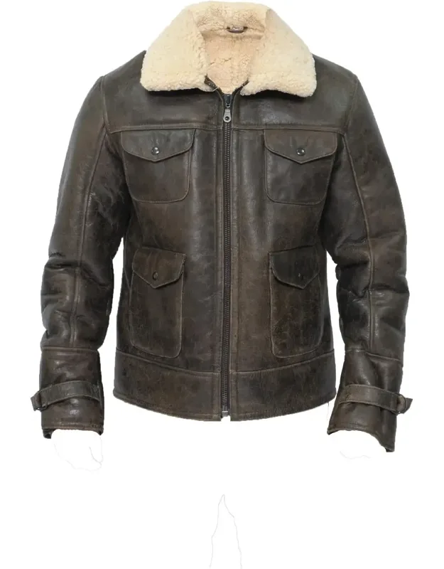 Sheepskin Classic Safari Jacket-hertford With Distressed Vintage Leather Finish And Four Patch Pockets