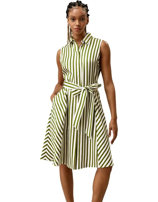 Silk Striped Dress With Waist Belt And Pockets
