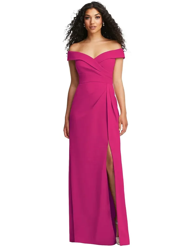 Cuffed Off-the-shoulder Pleated Faux Wrap Maxi Dress With Off-the-shoulder Cuff Neckline And Slit Detail