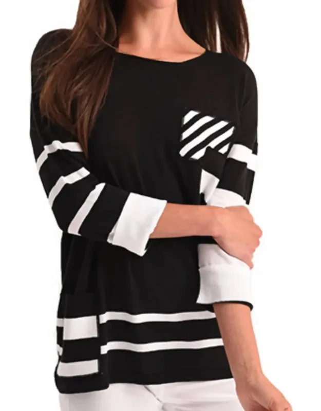 Stripe 3/4 Sleeve Top - Hits At Waist, Imported