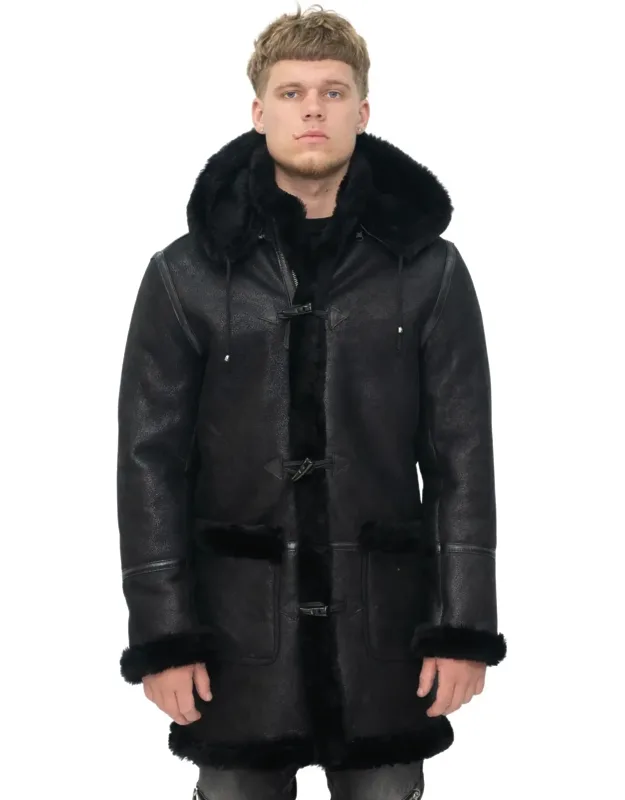 Winter Sheepskin Hooded Duffle Coat-isleworth With Removable Hood And Thick Lining