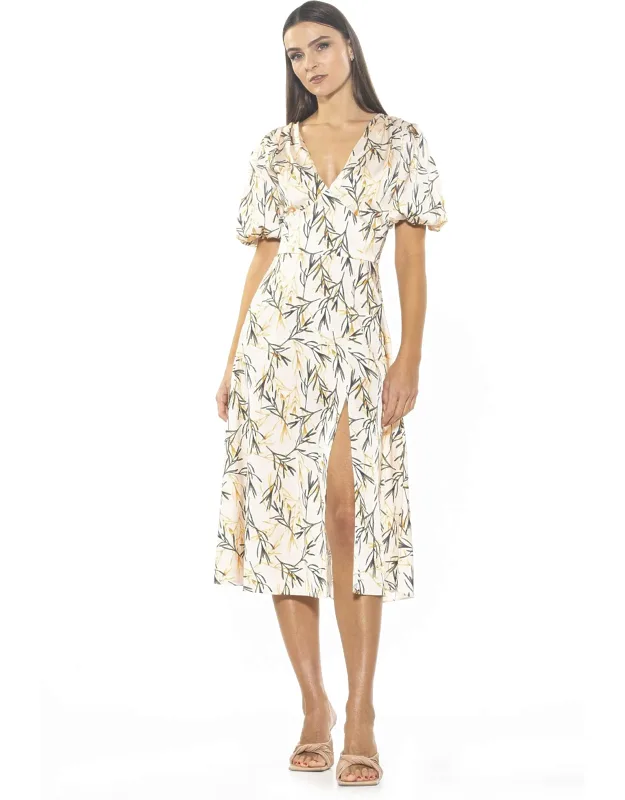 Nola Dress V Neck Puff Sleeve Leg Slit Midi