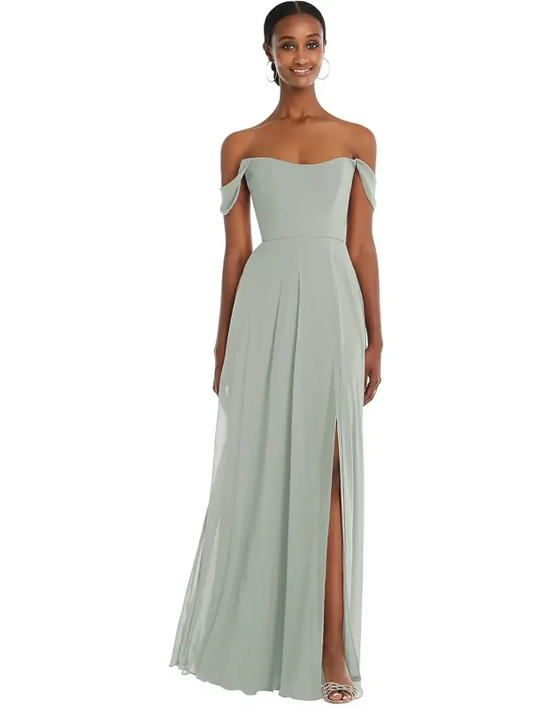 Off-the-shoulder Maxi Dress With Flounce Sleeves And Slit