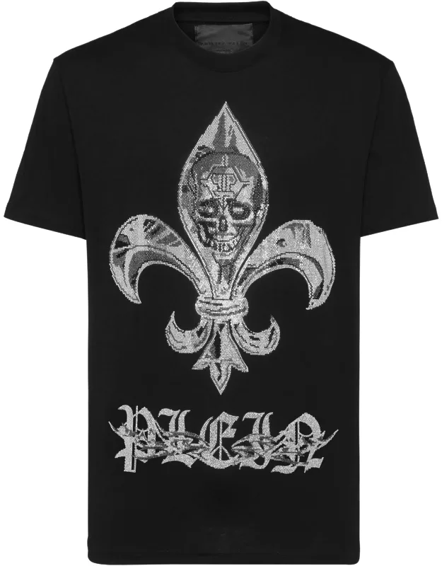 Round Neck T-shirt With Fleur-de-lis And Skull Bejeweled Chrome-print