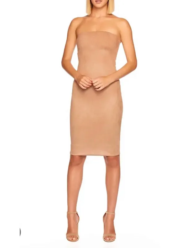 Faux Suede Tube Strapless Midi Dress