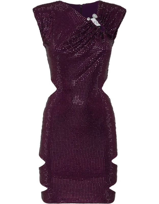 Mini Dress With Rhinestoned Stretch Polyester Jersey And Asymmetrical Neckline