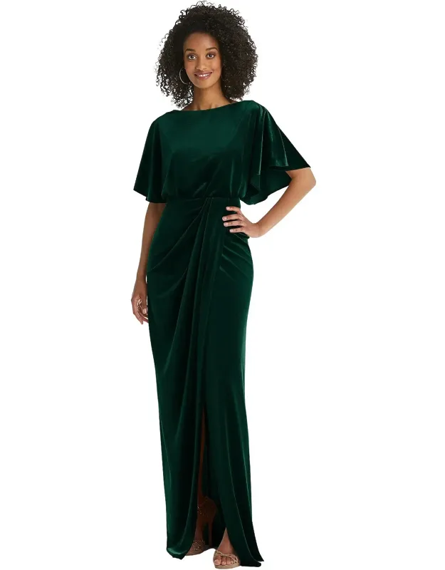 Flutter Sleeve Open-back Velvet Maxi Dress With Draped Wrap Skirt