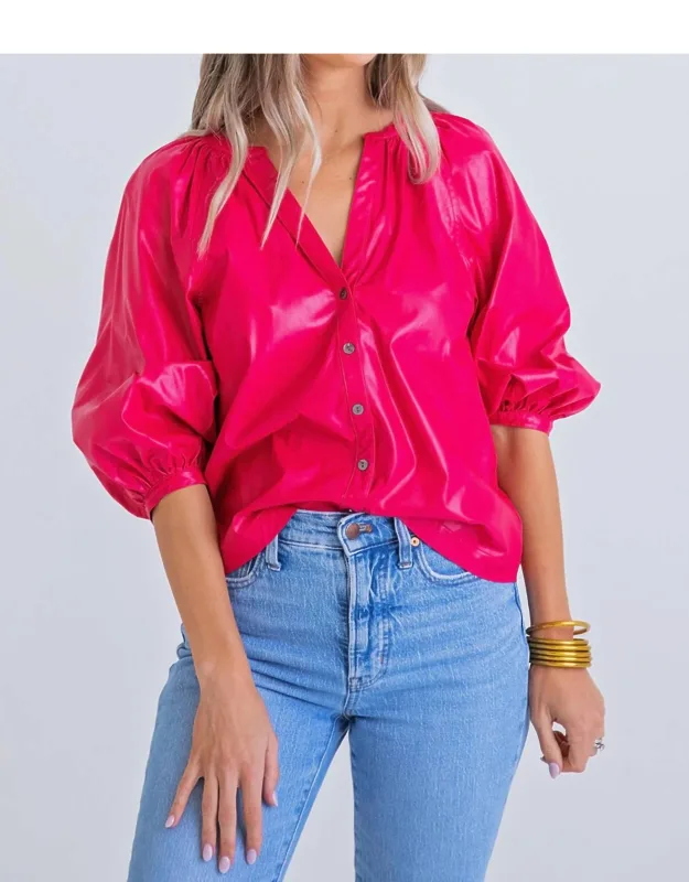 Cranberry Pleather Button Top