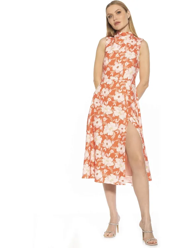 Veronica Midi Dress With Draped Mockneck And Front Slit