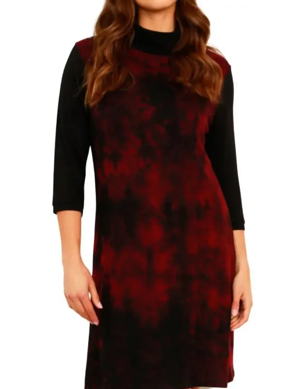 Marble Wash Turtleneck Dress With 3/4 Sleeve And Knee Length